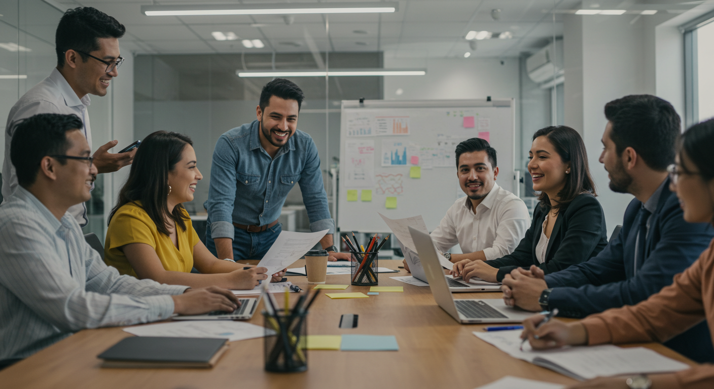 Colaboradores trabajando en equipo con respaldo de un sistema de control de asistencia automatizado y justo.