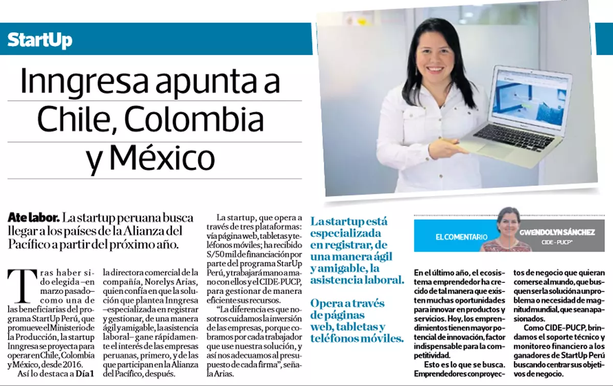 Inngresa, sistema de asistencia de personal, se proyecta para operar en otros países de la Alianza del Pacífico como Chile, Colombia y México desde 2016