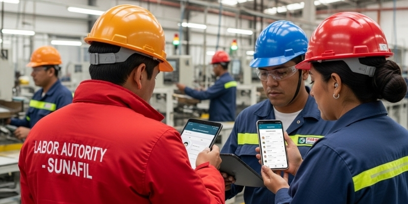Fiscalización de SUNAFIL evaluando reportes digitales de asistencia para evitar multas por incumplimiento laboral!
